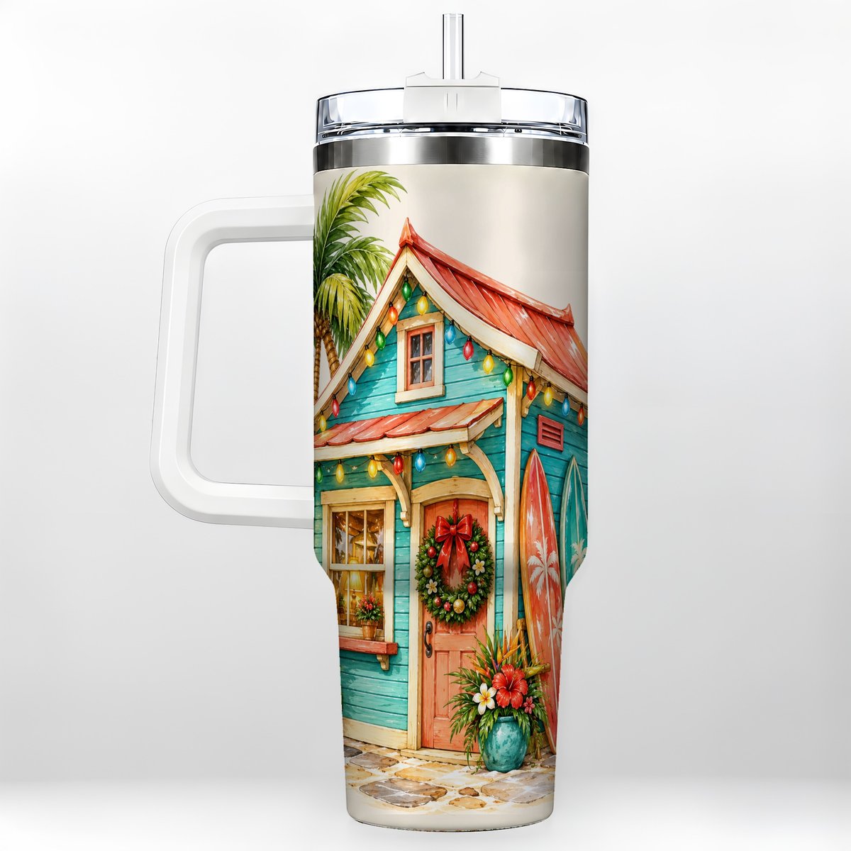 Tropical Christmas Cottage 40oz Tumbler with Handle, Beach Holiday