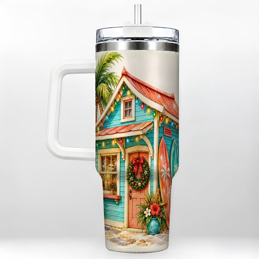 Tropical Christmas Cottage 40oz Tumbler with Handle, Beach Holiday
