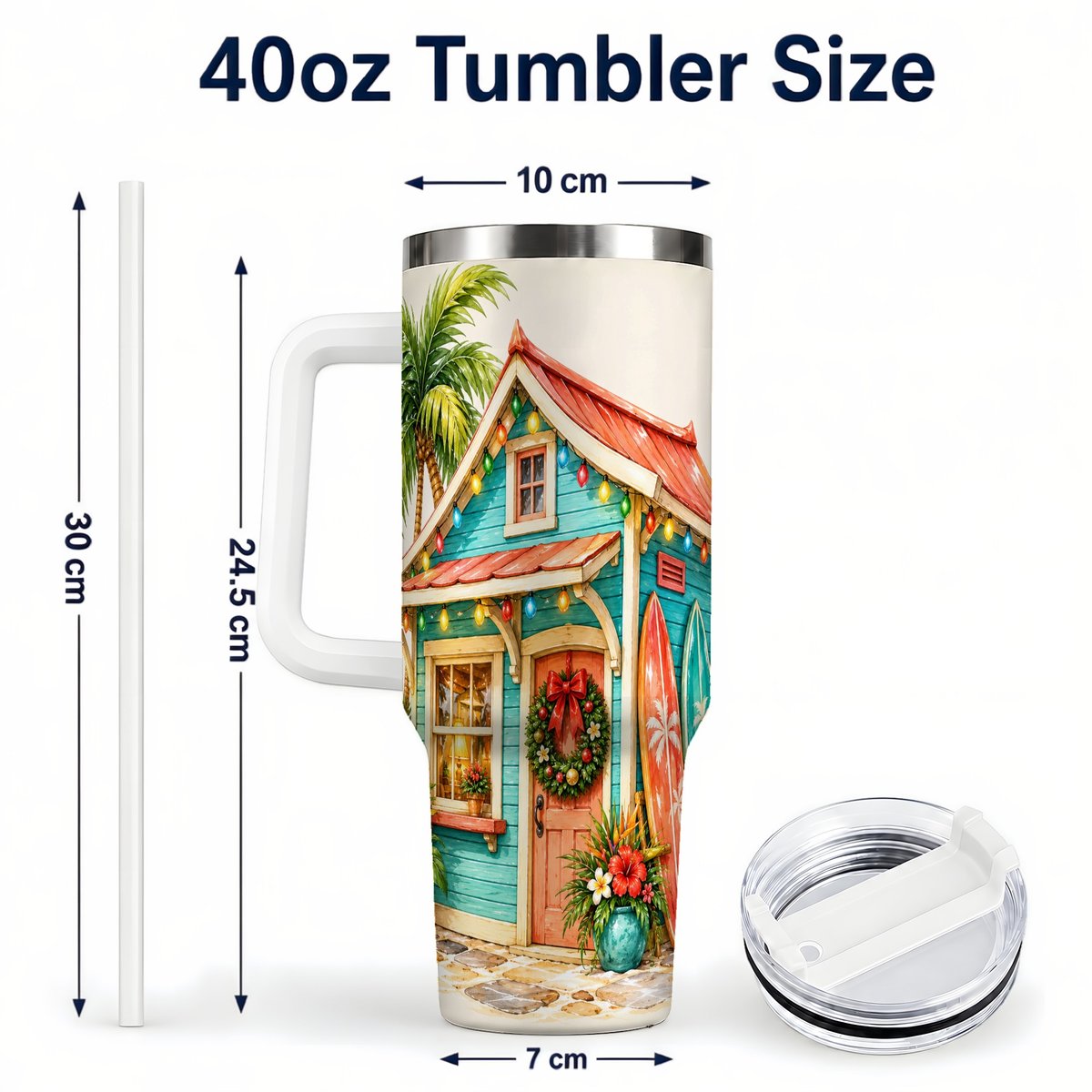 #pl[40oz|White] Tropical Christmas Cottage 40oz Tumbler with Handle, Beach Holiday