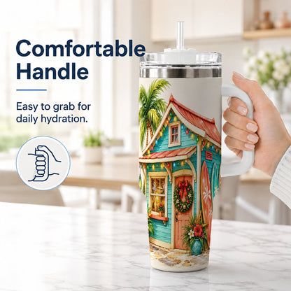 #pl[40oz|White] Tropical Christmas Cottage 40oz Tumbler with Handle, Beach Holiday