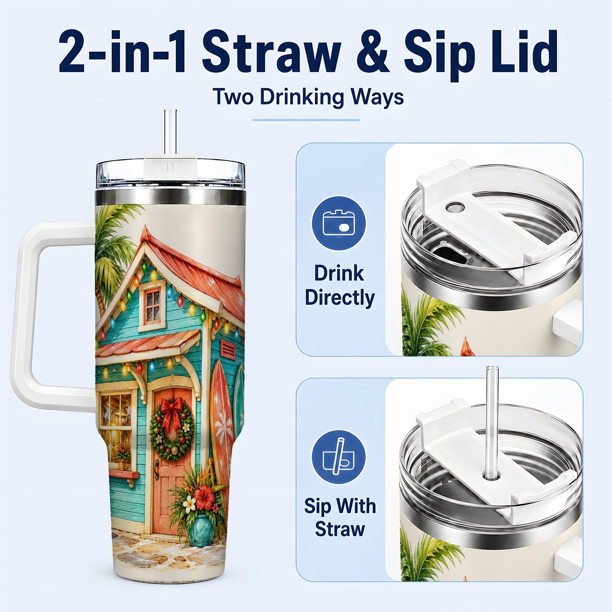 #pl[40oz|White] Tropical Christmas Cottage 40oz Tumbler with Handle, Beach Holiday