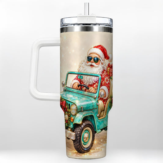Surfing Santa 40oz Tumbler with Handle, Coastal Christmas Art