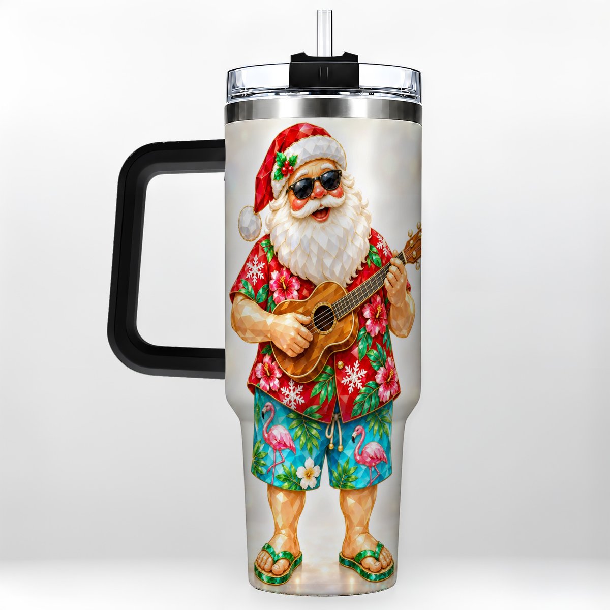 #pl[40oz|Black] Tropical Santa 40oz Tumbler with Handle, Ukulele Holiday Art