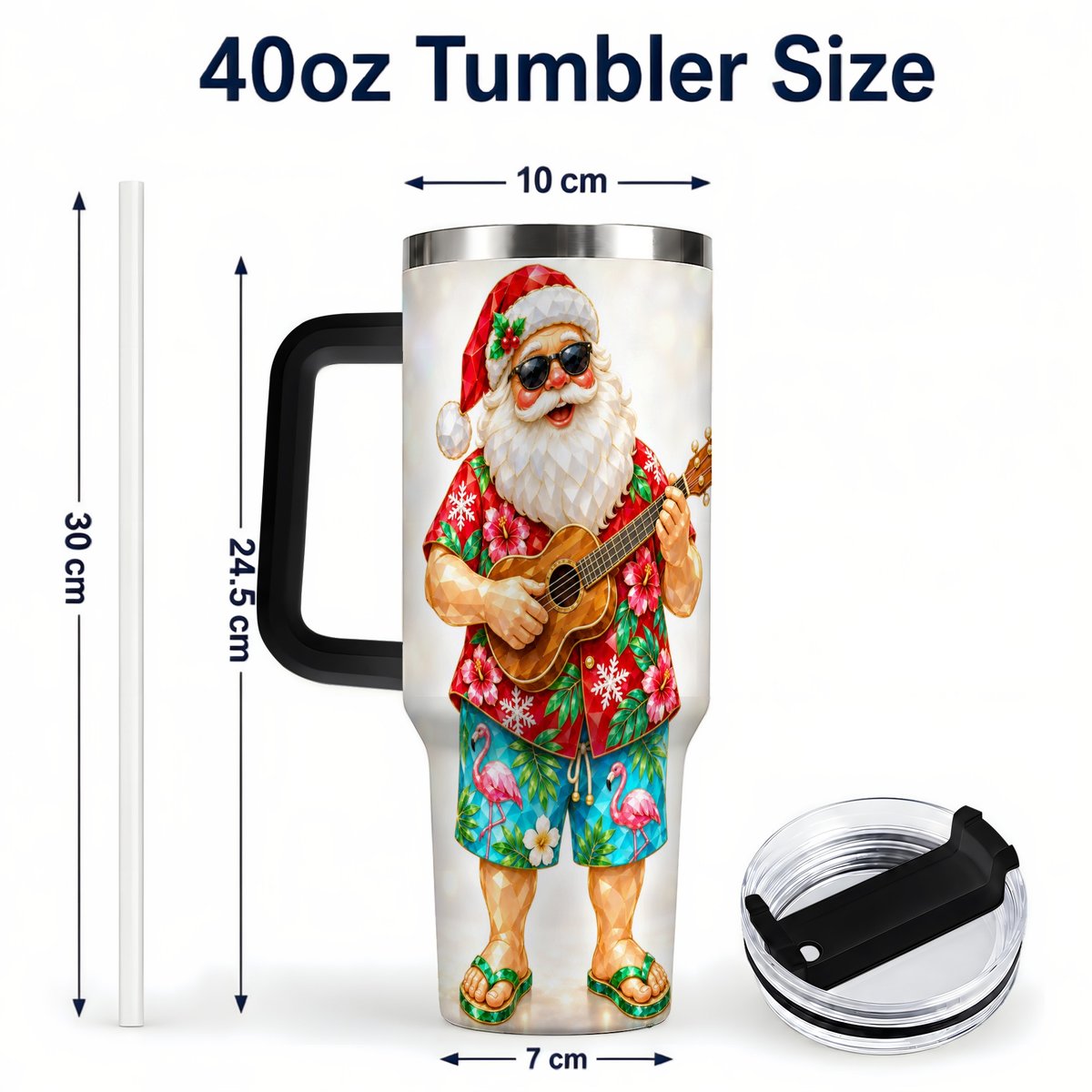 #pl[40oz|Black] Tropical Santa 40oz Tumbler with Handle, Ukulele Holiday Art