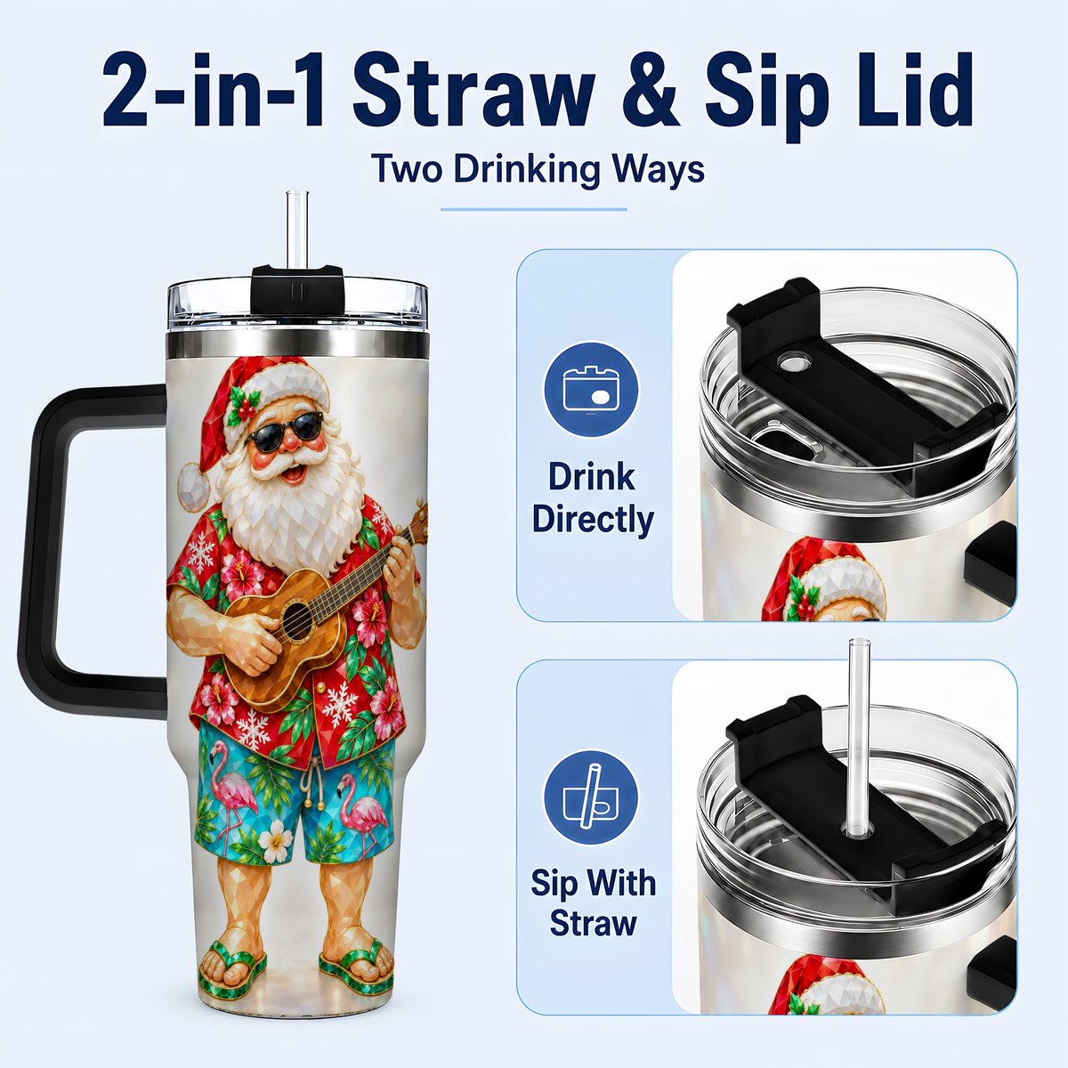 #pl[40oz|Black] Tropical Santa 40oz Tumbler with Handle, Ukulele Holiday Art