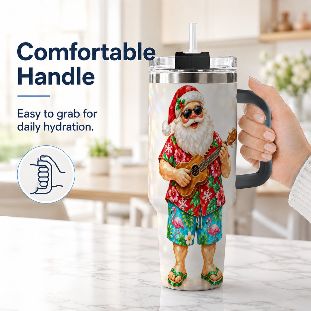#pl[40oz|Black] Tropical Santa 40oz Tumbler with Handle, Ukulele Holiday Art