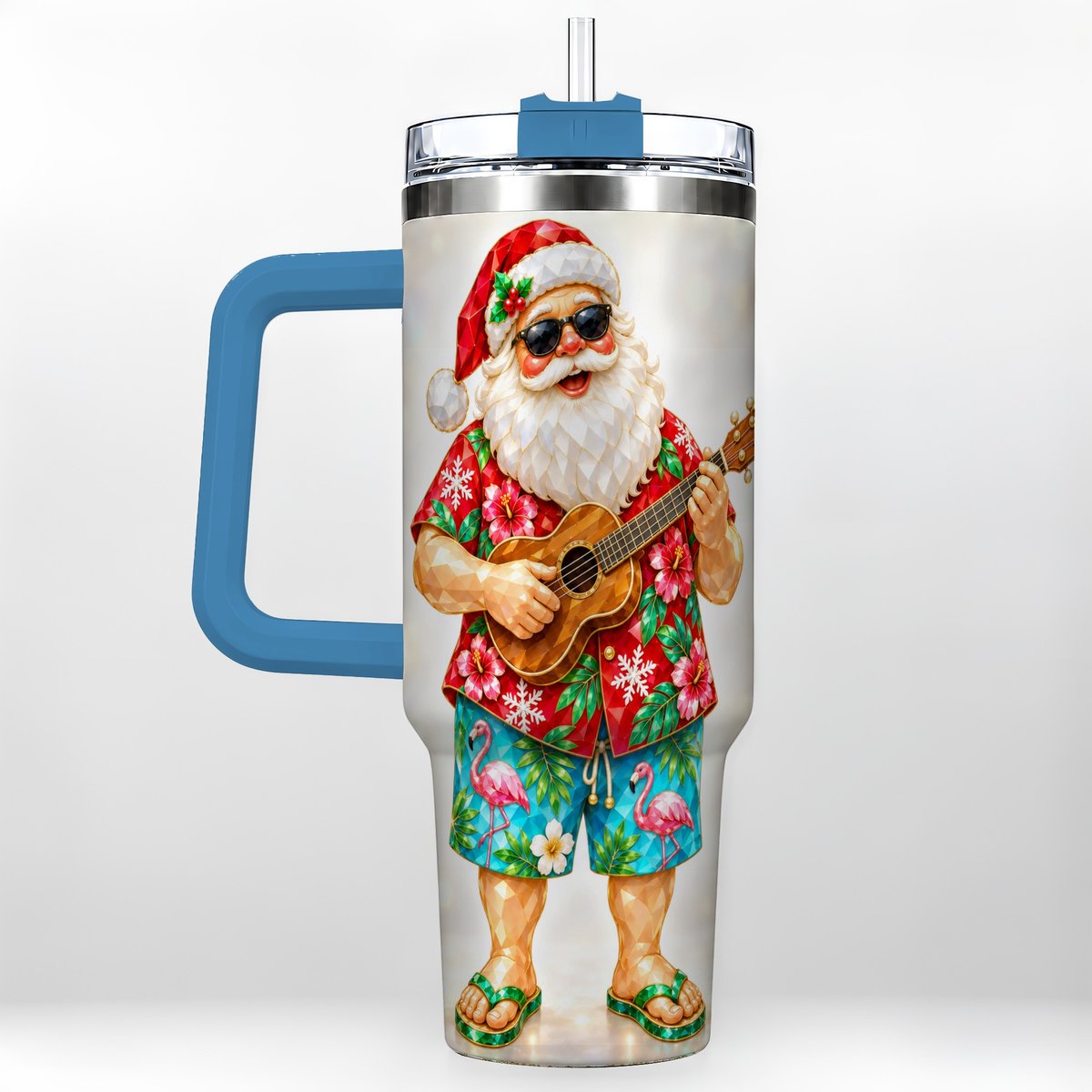 #pl[40oz|Blue] Tropical Santa 40oz Tumbler with Handle, Ukulele Holiday Art