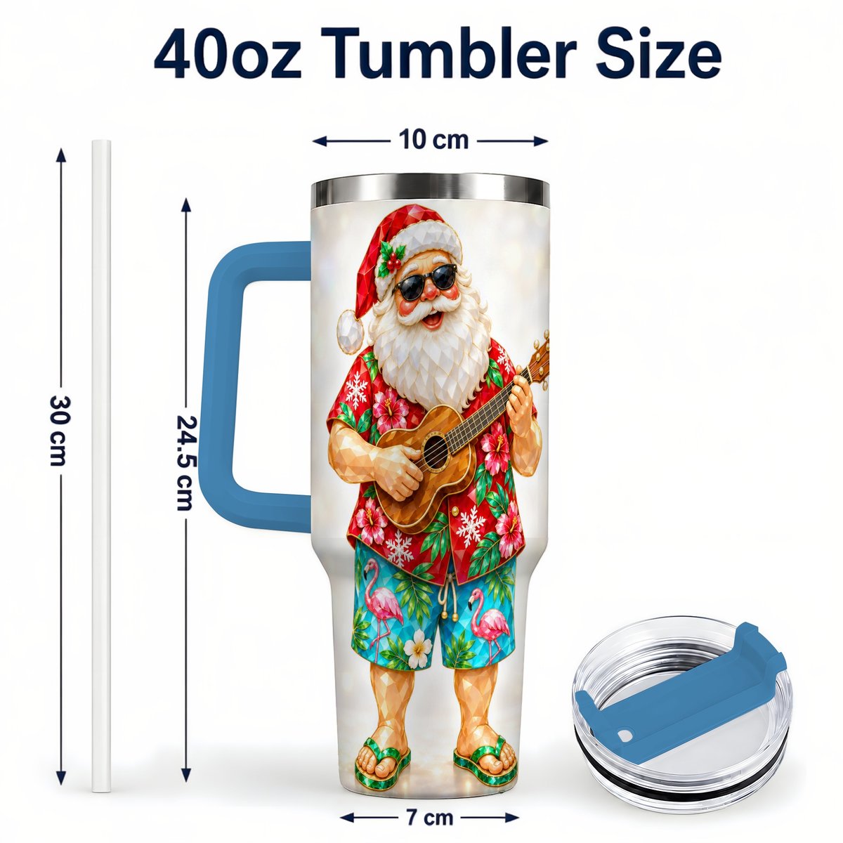 #pl[40oz|Blue] Tropical Santa 40oz Tumbler with Handle, Ukulele Holiday Art