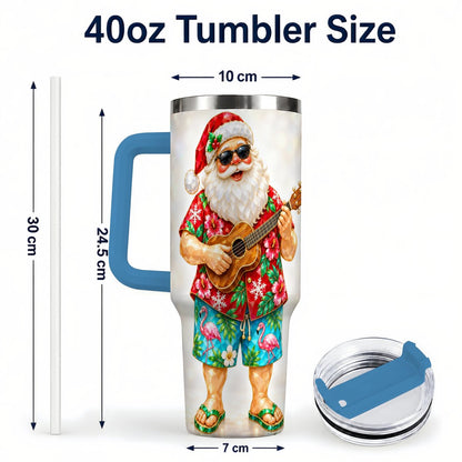 #pl[40oz|Blue] Tropical Santa 40oz Tumbler with Handle, Ukulele Holiday Art