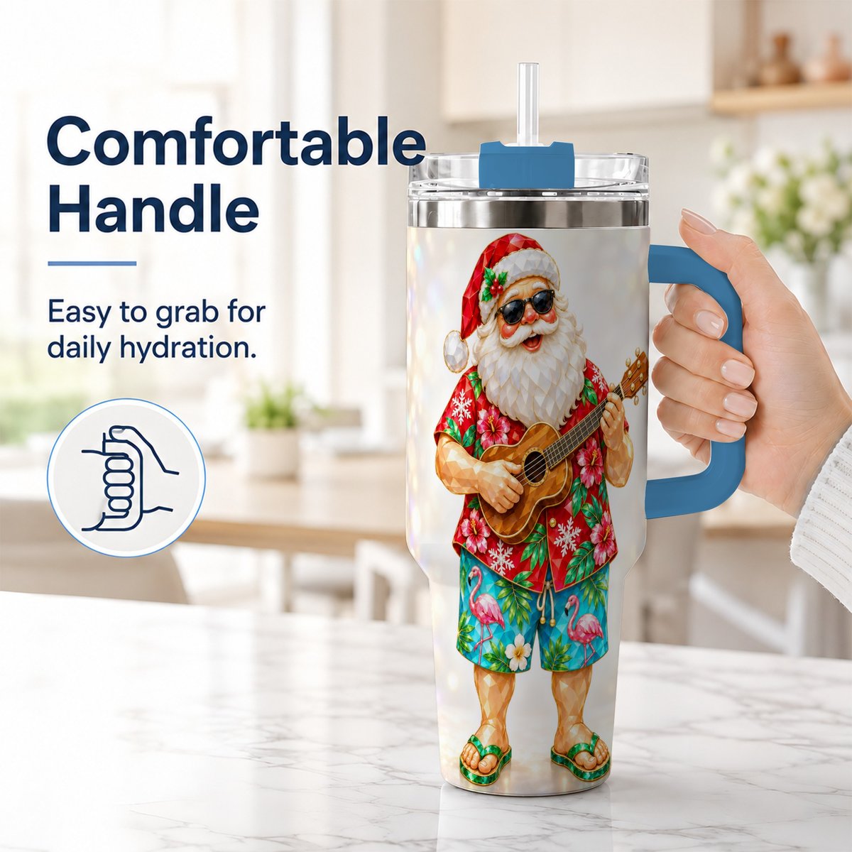 #pl[40oz|Blue] Tropical Santa 40oz Tumbler with Handle, Ukulele Holiday Art