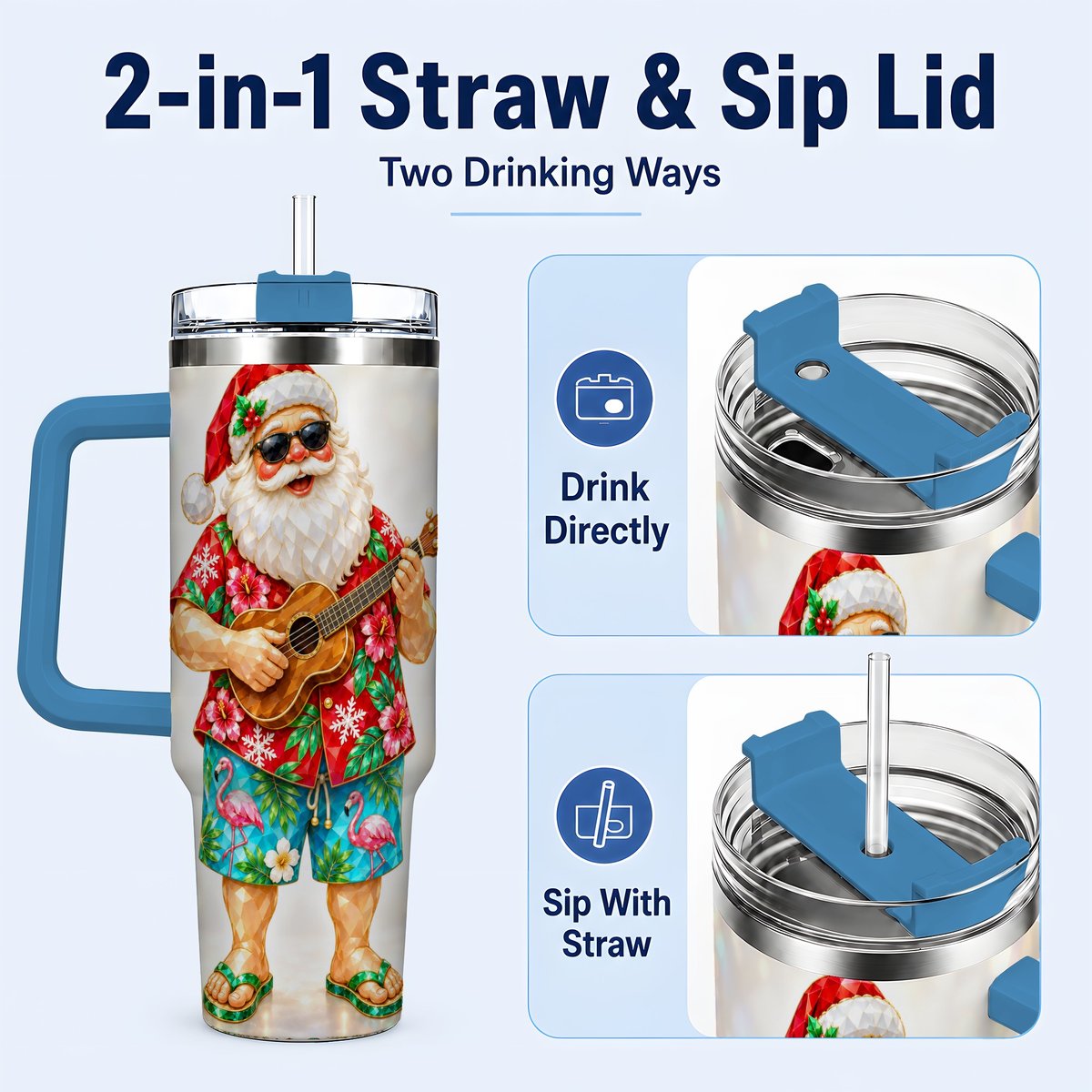 #pl[40oz|Blue] Tropical Santa 40oz Tumbler with Handle, Ukulele Holiday Art