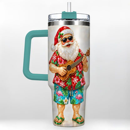 #pl[40oz|Green] Tropical Santa 40oz Tumbler with Handle, Ukulele Holiday Art