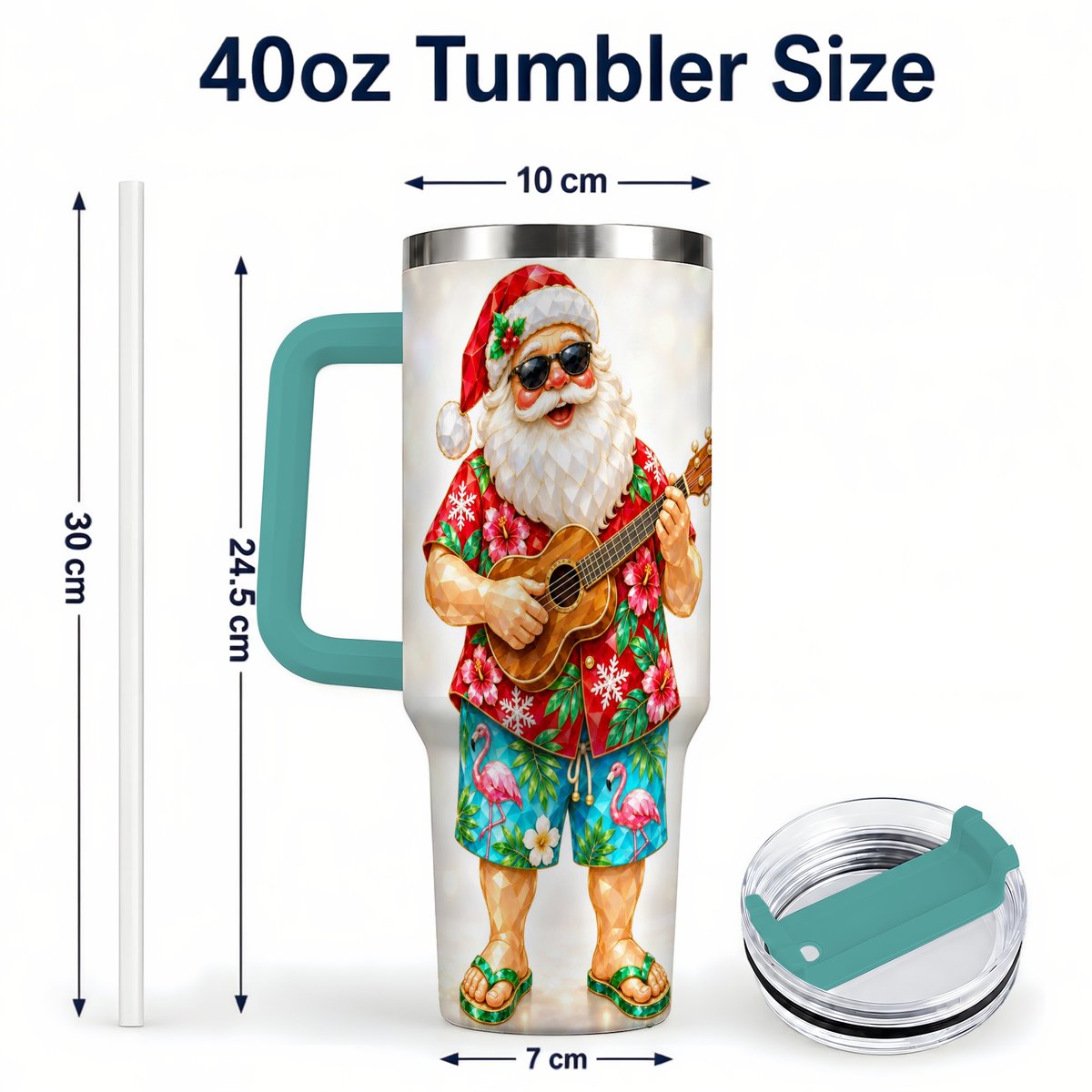 #pl[40oz|Green] Tropical Santa 40oz Tumbler with Handle, Ukulele Holiday Art