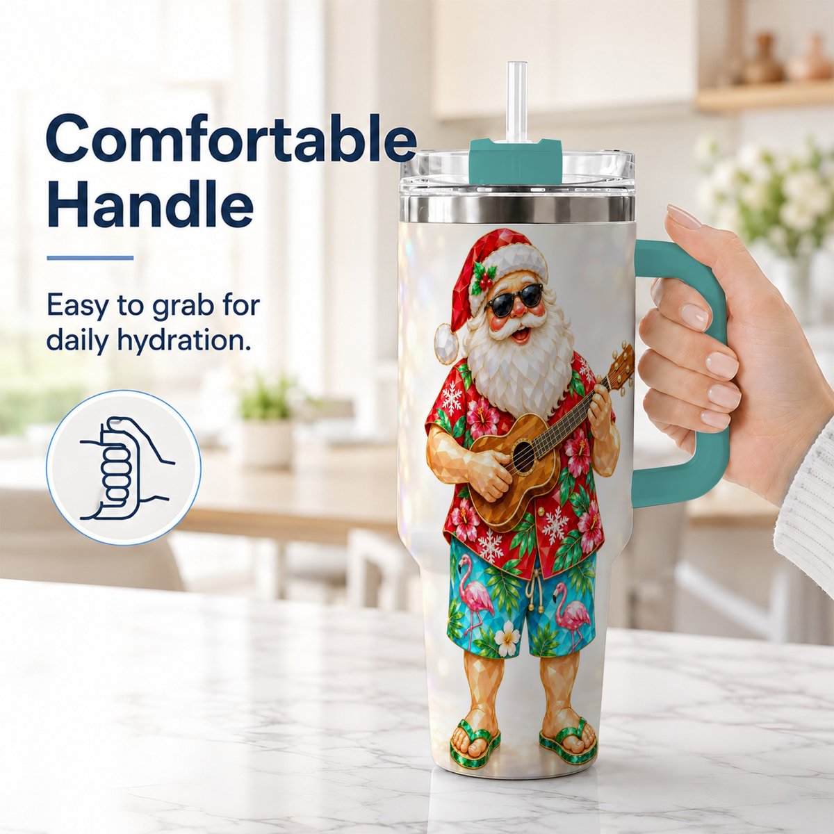#pl[40oz|Green] Tropical Santa 40oz Tumbler with Handle, Ukulele Holiday Art