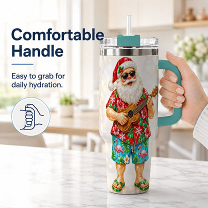 #pl[40oz|Green] Tropical Santa 40oz Tumbler with Handle, Ukulele Holiday Art