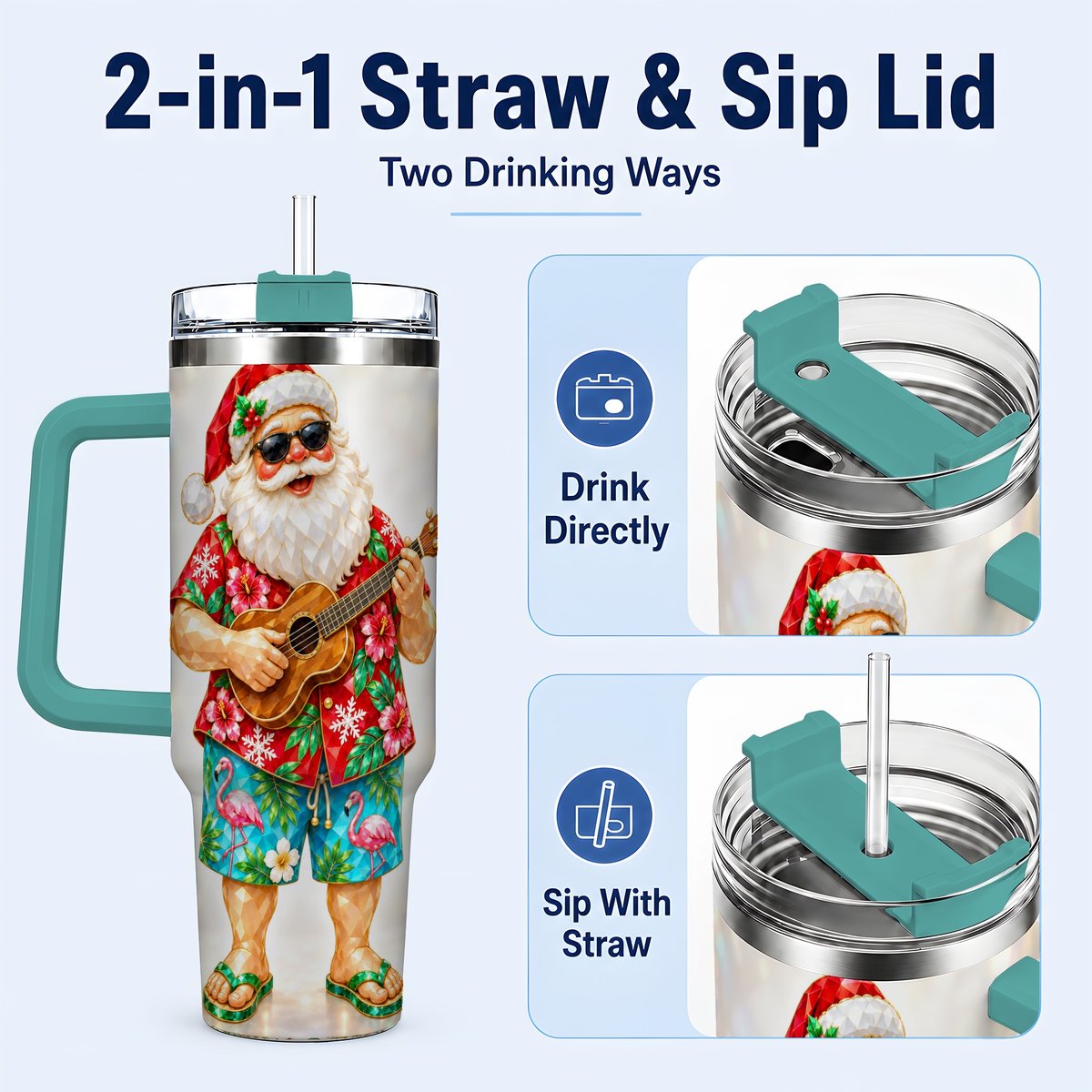 #pl[40oz|Green] Tropical Santa 40oz Tumbler with Handle, Ukulele Holiday Art