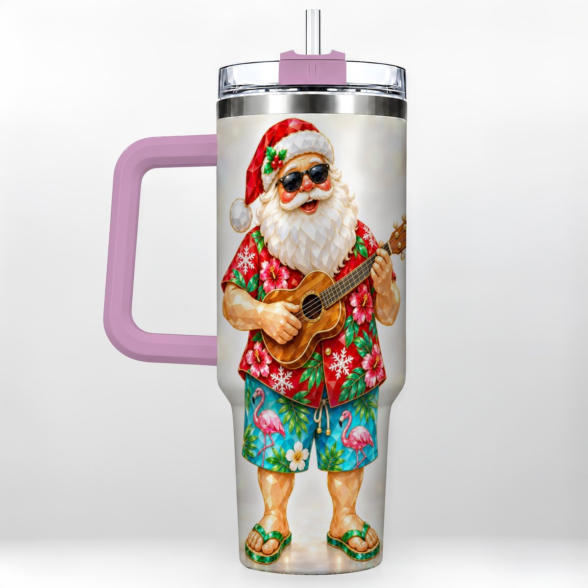 #pl[40oz|Pink] Tropical Santa 40oz Tumbler with Handle, Ukulele Holiday Art