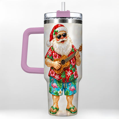 #pl[40oz|Pink] Tropical Santa 40oz Tumbler with Handle, Ukulele Holiday Art
