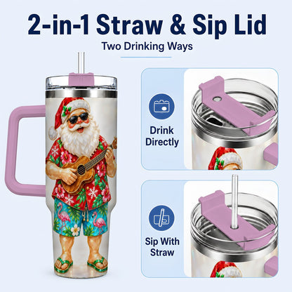 #pl[40oz|Pink] Tropical Santa 40oz Tumbler with Handle, Ukulele Holiday Art