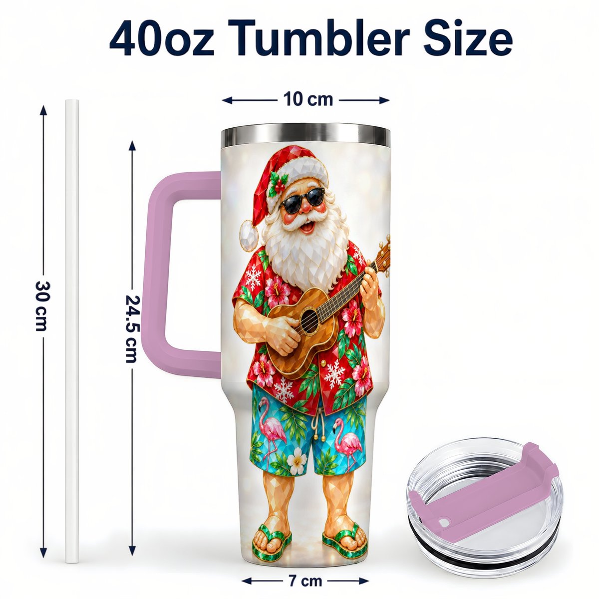 #pl[40oz|Pink] Tropical Santa 40oz Tumbler with Handle, Ukulele Holiday Art