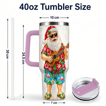 #pl[40oz|Pink] Tropical Santa 40oz Tumbler with Handle, Ukulele Holiday Art