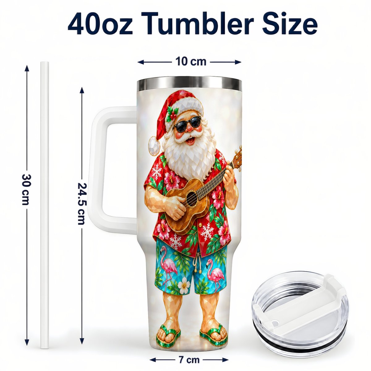 #pl[40oz|White] Tropical Santa 40oz Tumbler with Handle, Ukulele Holiday Art