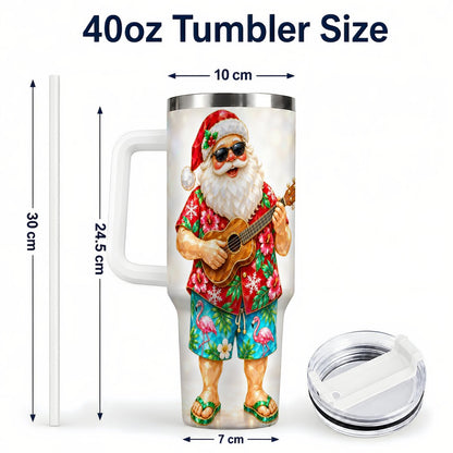 #pl[40oz|White] Tropical Santa 40oz Tumbler with Handle, Ukulele Holiday Art