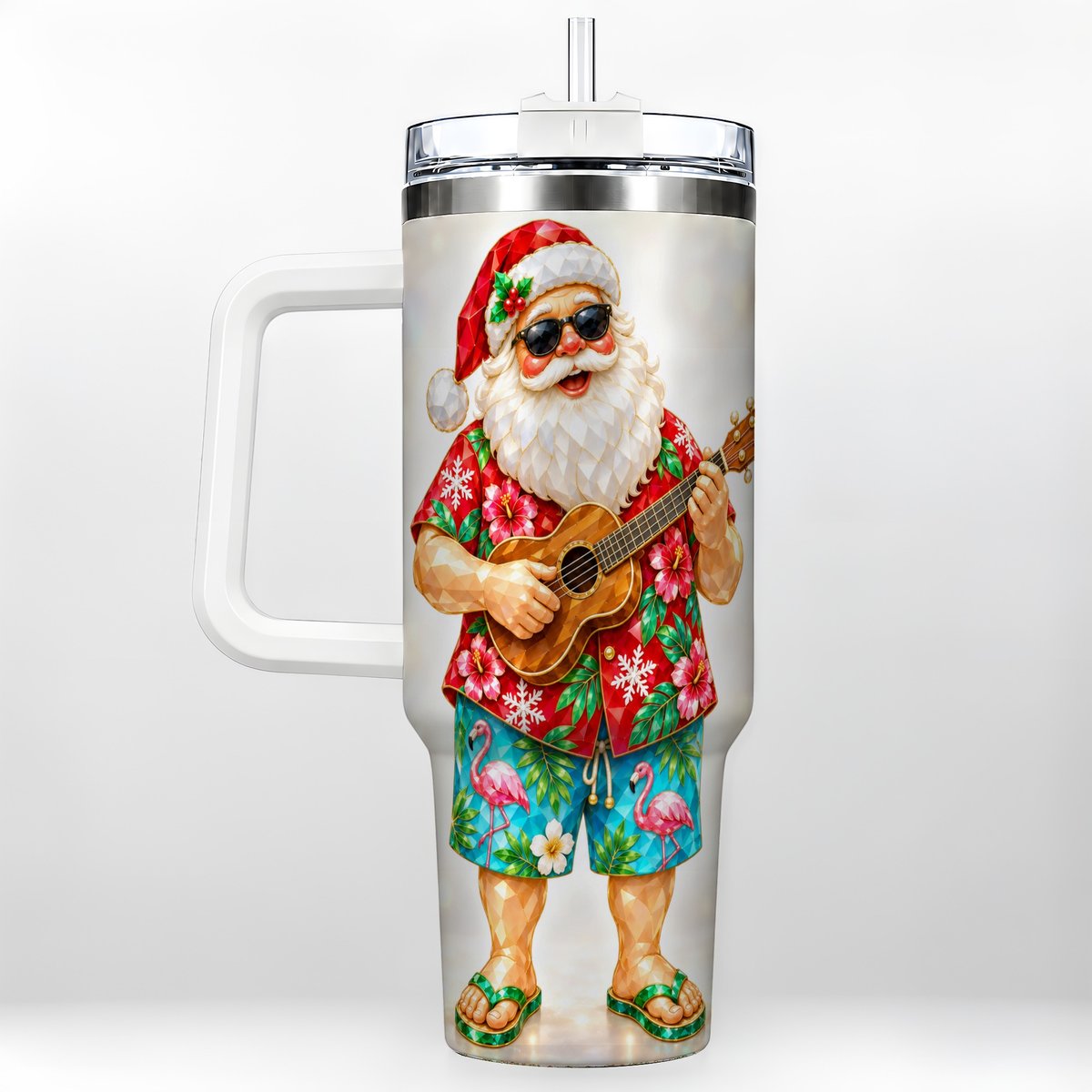 Tropical Santa 40oz Tumbler with Handle, Ukulele Holiday Art
