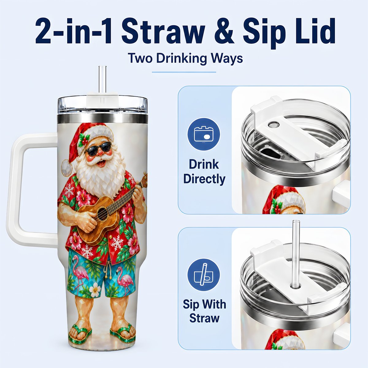 #pl[40oz|White] Tropical Santa 40oz Tumbler with Handle, Ukulele Holiday Art