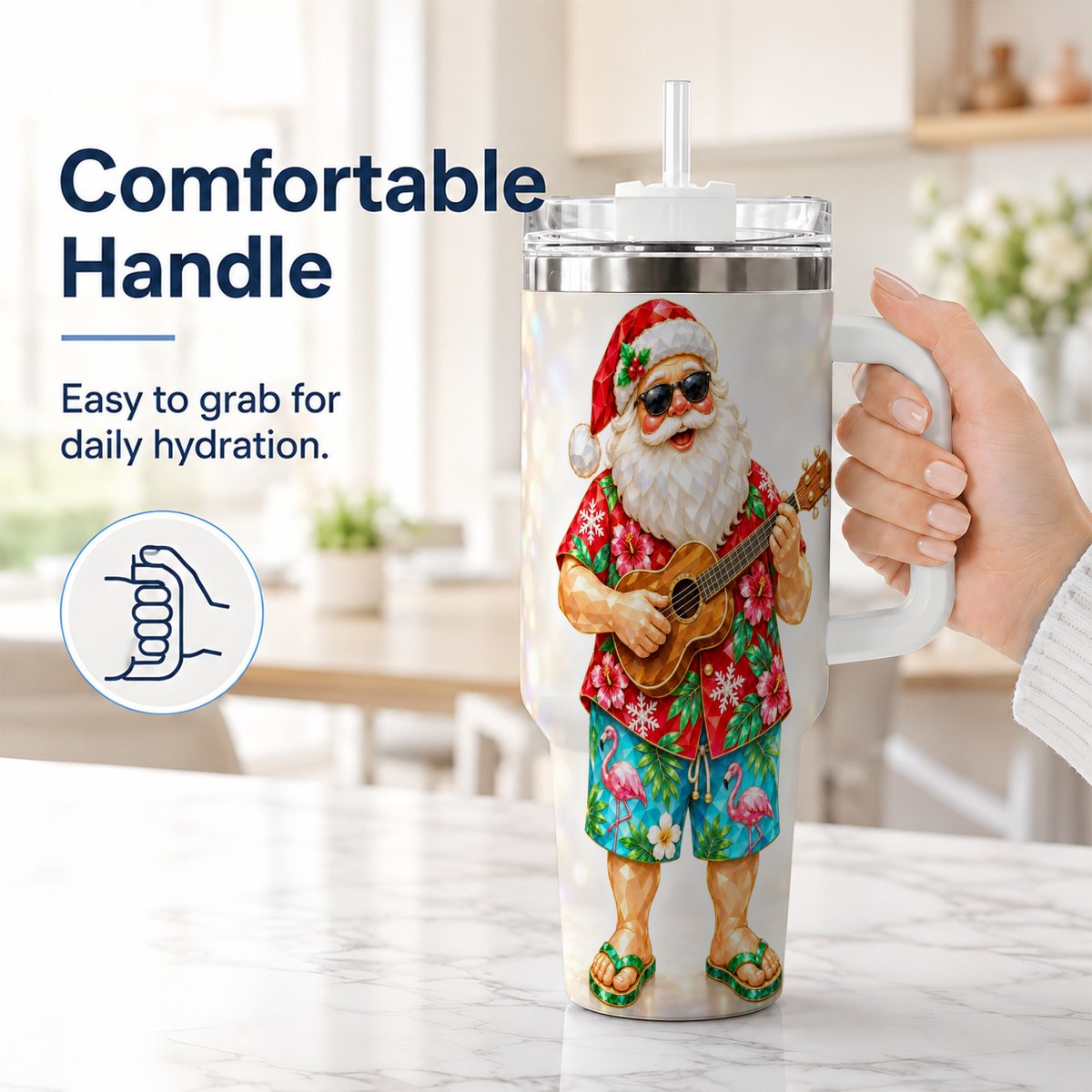 #pl[40oz|White] Tropical Santa 40oz Tumbler with Handle, Ukulele Holiday Art