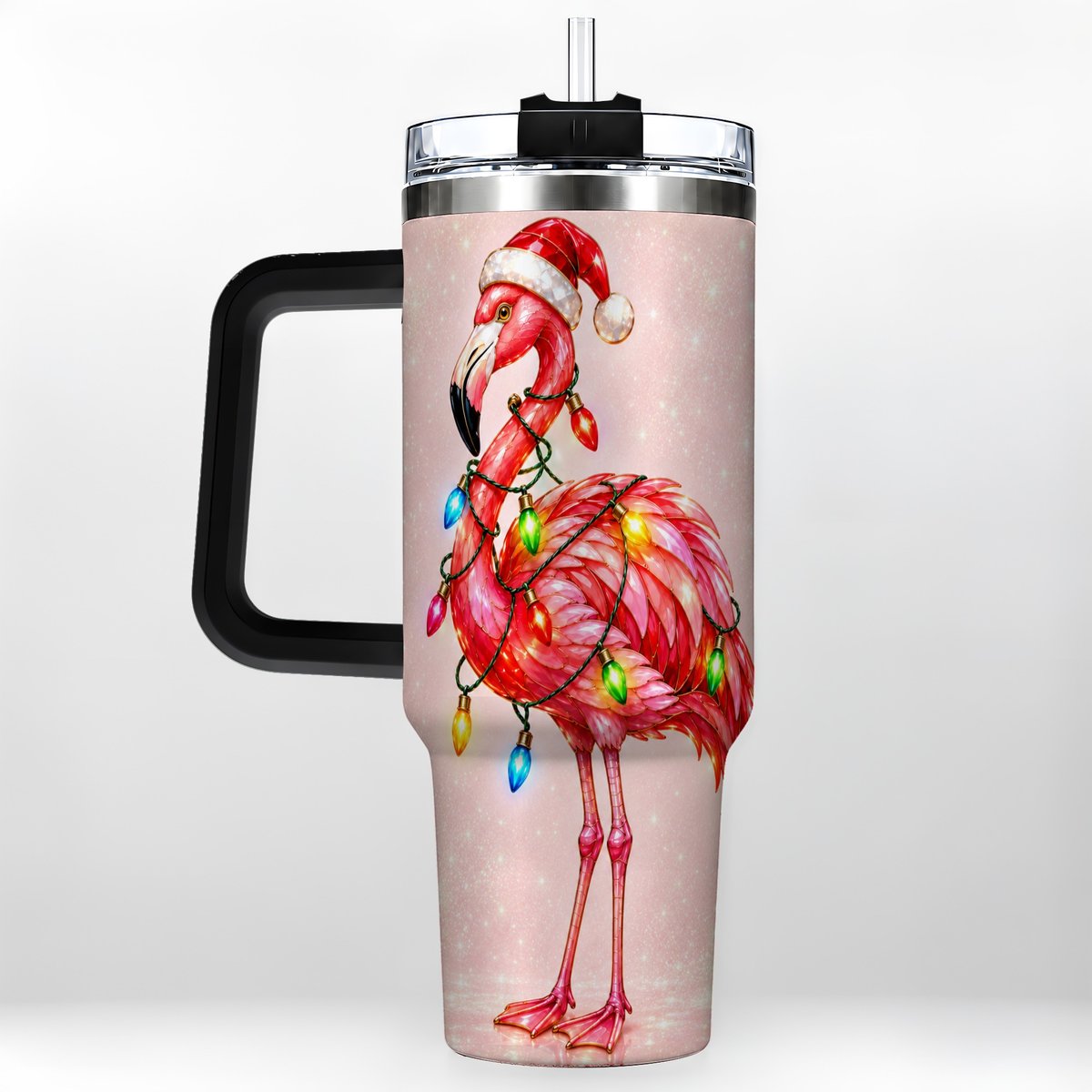 #pl[40oz|Black] Christmas Flamingo 40oz Tumbler with Handle, Festive Bird Art