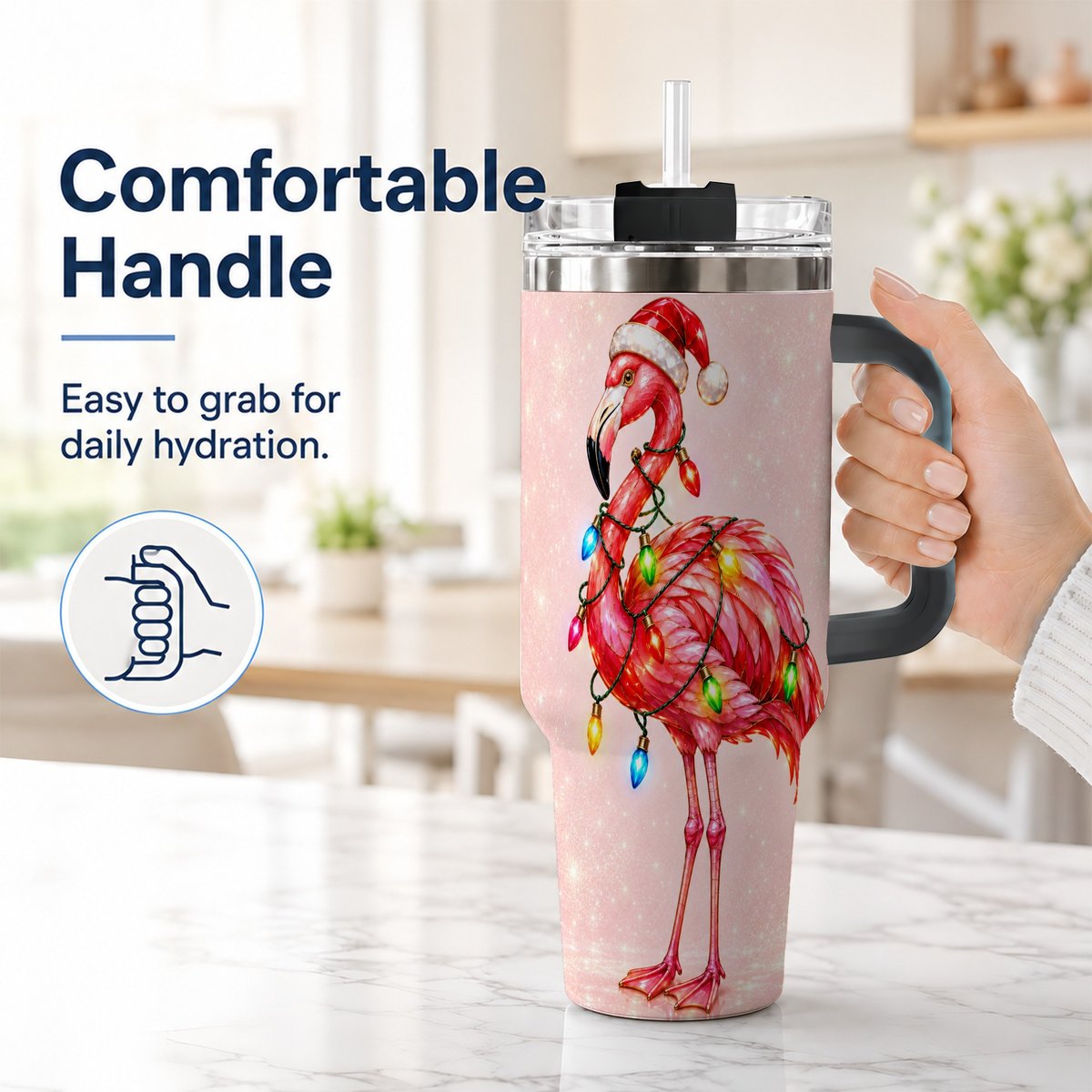 #pl[40oz|Black] Christmas Flamingo 40oz Tumbler with Handle, Festive Bird Art