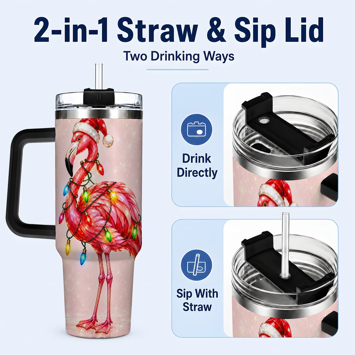 #pl[40oz|Black] Christmas Flamingo 40oz Tumbler with Handle, Festive Bird Art