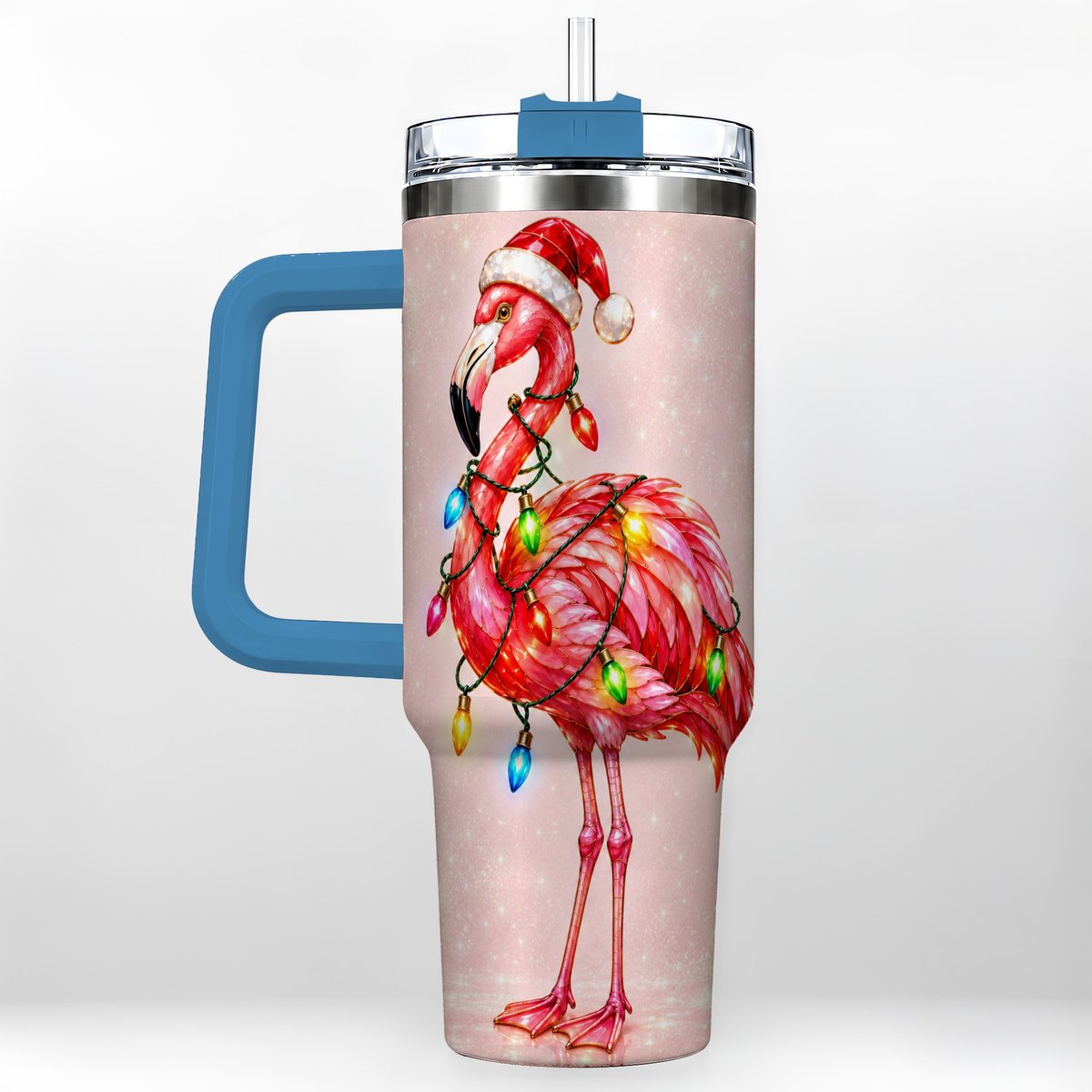 #pl[40oz|Blue] Christmas Flamingo 40oz Tumbler with Handle, Festive Bird Art