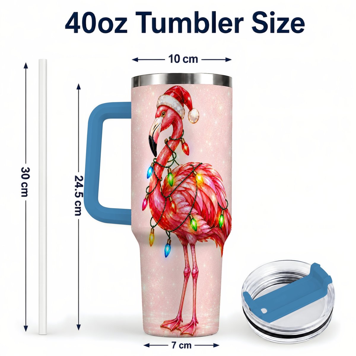 #pl[40oz|Blue] Christmas Flamingo 40oz Tumbler with Handle, Festive Bird Art