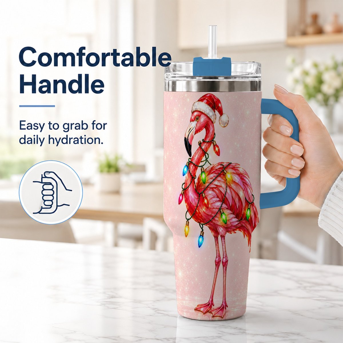 #pl[40oz|Blue] Christmas Flamingo 40oz Tumbler with Handle, Festive Bird Art