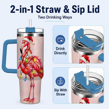 #pl[40oz|Blue] Christmas Flamingo 40oz Tumbler with Handle, Festive Bird Art