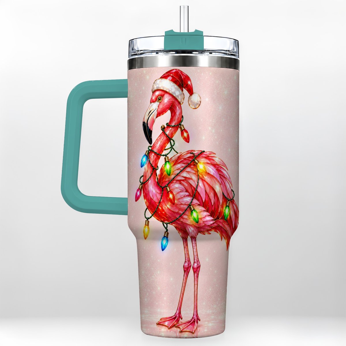 #pl[40oz|Green] Christmas Flamingo 40oz Tumbler with Handle, Festive Bird Art
