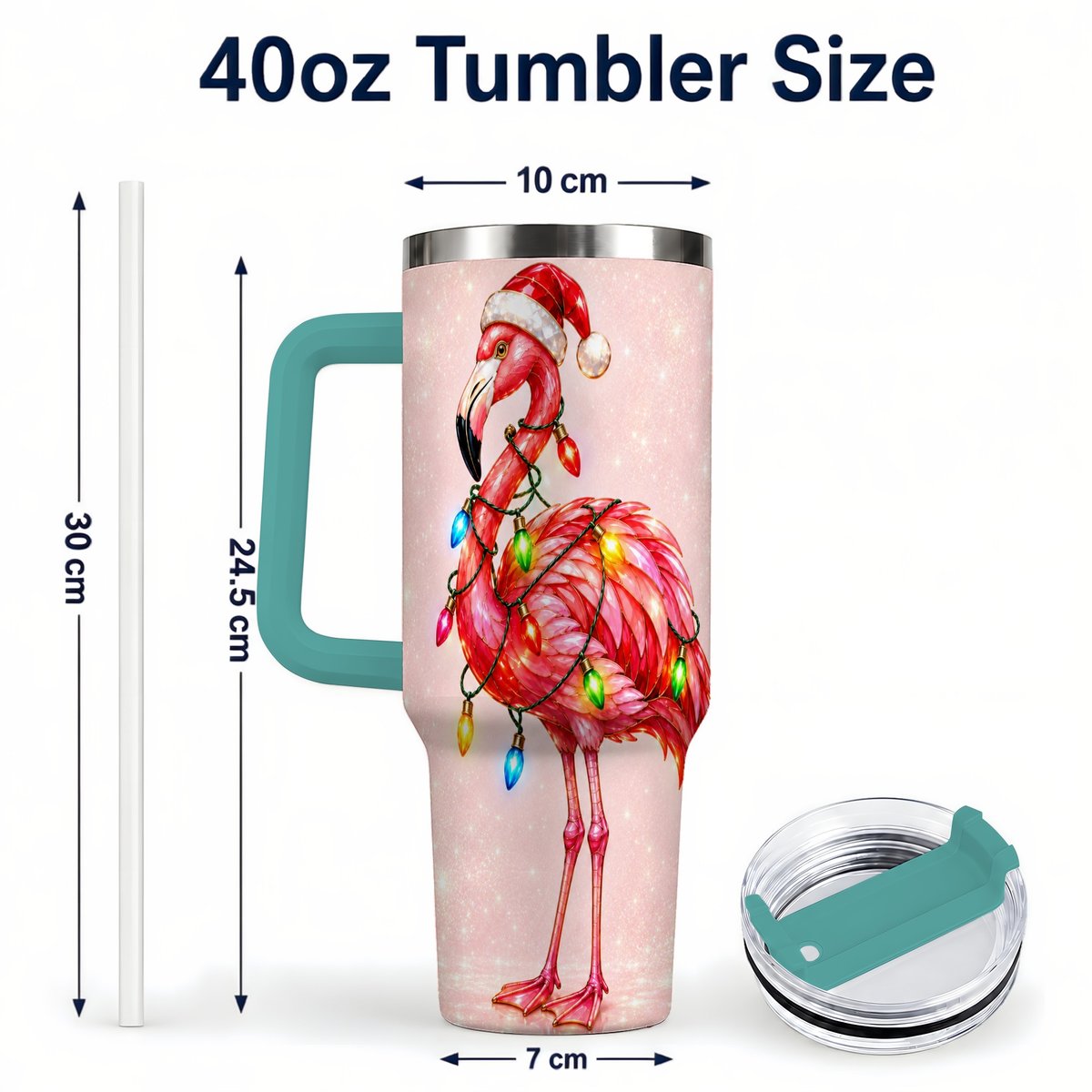 #pl[40oz|Green] Christmas Flamingo 40oz Tumbler with Handle, Festive Bird Art