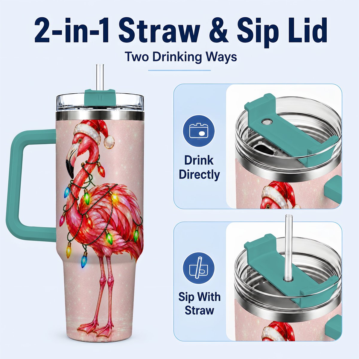 #pl[40oz|Green] Christmas Flamingo 40oz Tumbler with Handle, Festive Bird Art