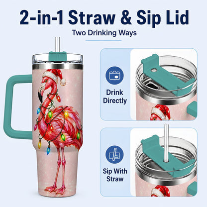 #pl[40oz|Green] Christmas Flamingo 40oz Tumbler with Handle, Festive Bird Art