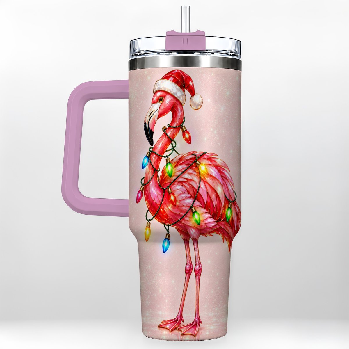 #pl[40oz|Pink] Christmas Flamingo 40oz Tumbler with Handle, Festive Bird Art