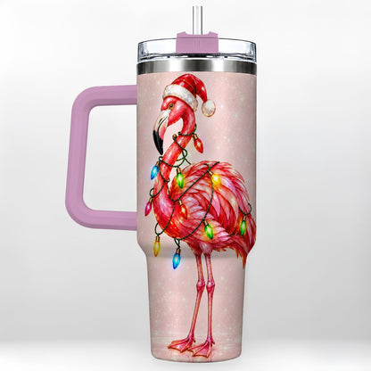 #pl[40oz|Pink] Christmas Flamingo 40oz Tumbler with Handle, Festive Bird Art