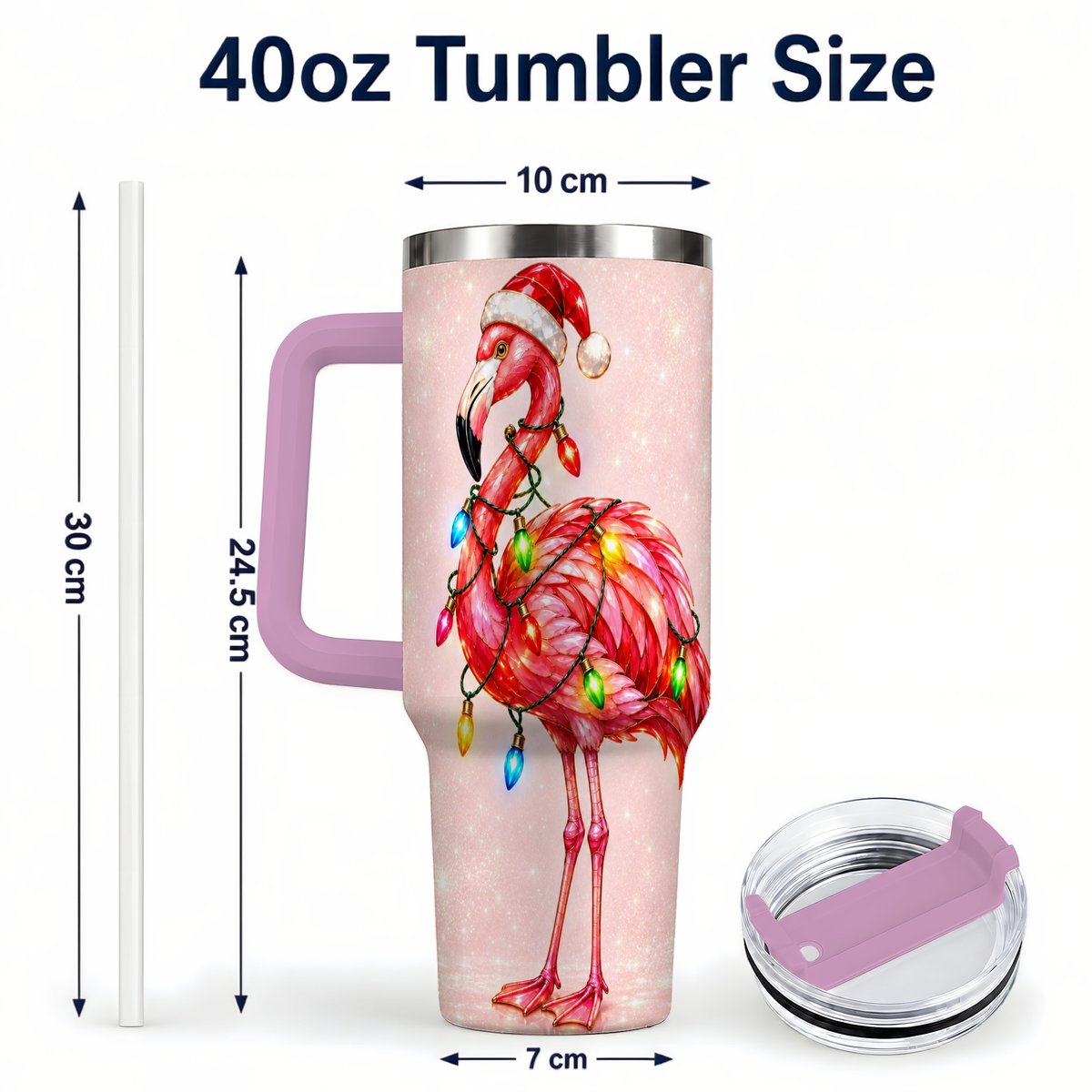 #pl[40oz|Pink] Christmas Flamingo 40oz Tumbler with Handle, Festive Bird Art