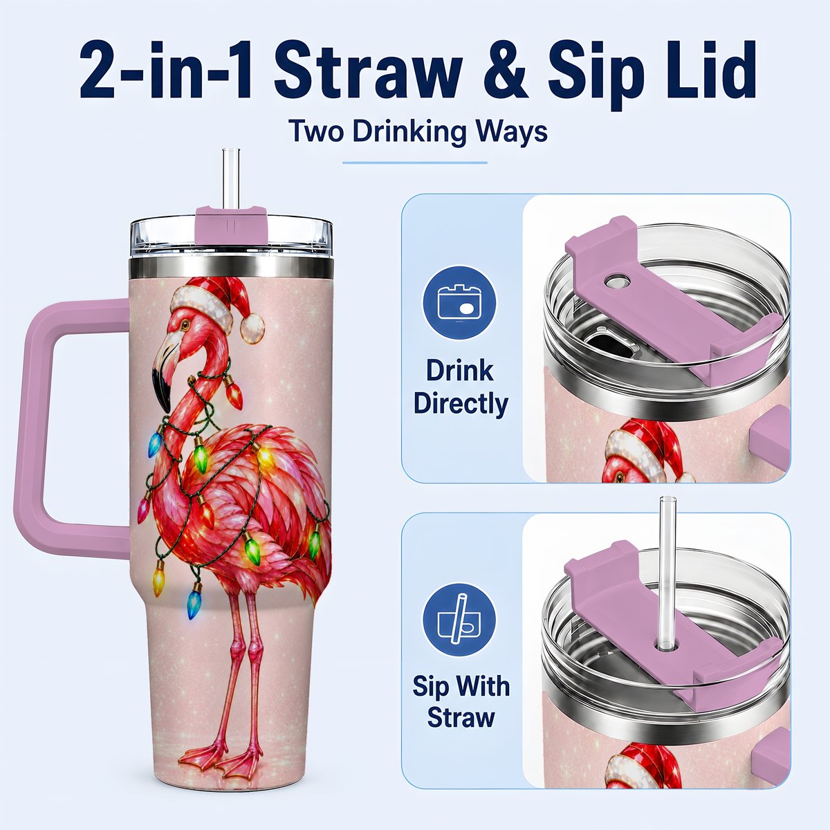 #pl[40oz|Pink] Christmas Flamingo 40oz Tumbler with Handle, Festive Bird Art