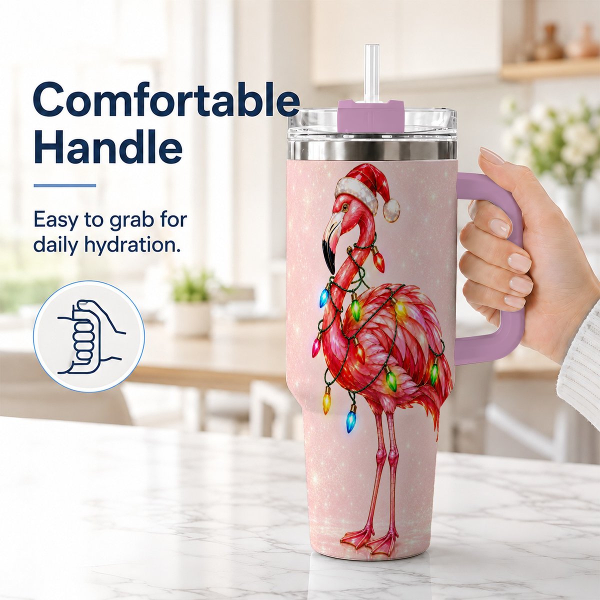 #pl[40oz|Pink] Christmas Flamingo 40oz Tumbler with Handle, Festive Bird Art