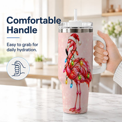 #pl[40oz|White] Christmas Flamingo 40oz Tumbler with Handle, Festive Bird Art