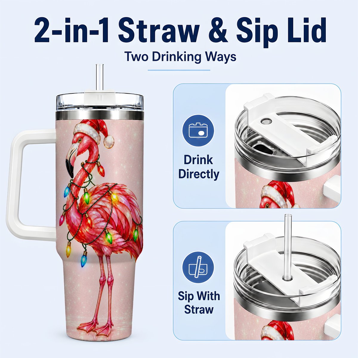 #pl[40oz|White] Christmas Flamingo 40oz Tumbler with Handle, Festive Bird Art