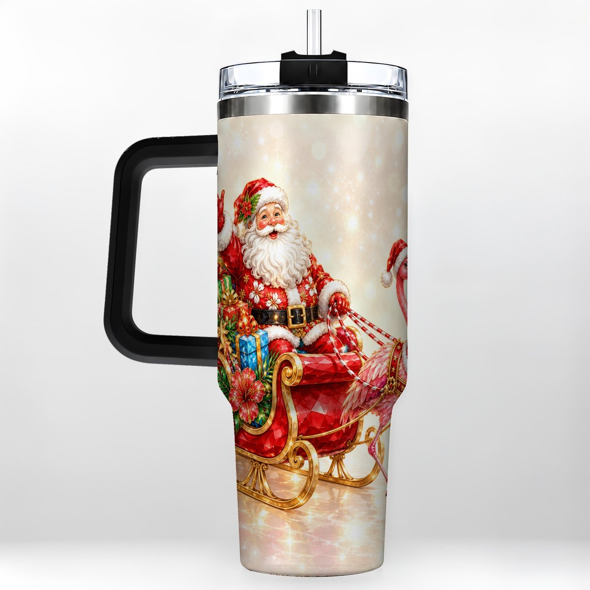 #pl[40oz|Black] Santa Flamingo 40oz Tumbler with Handle, Tropical Christmas