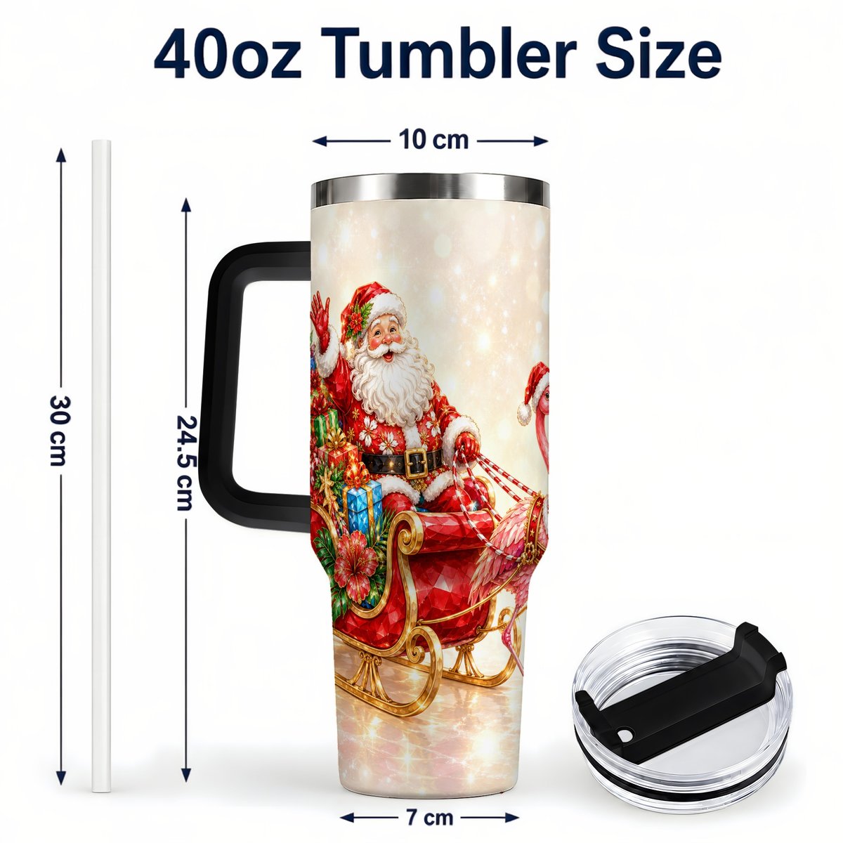 #pl[40oz|Black] Santa Flamingo 40oz Tumbler with Handle, Tropical Christmas
